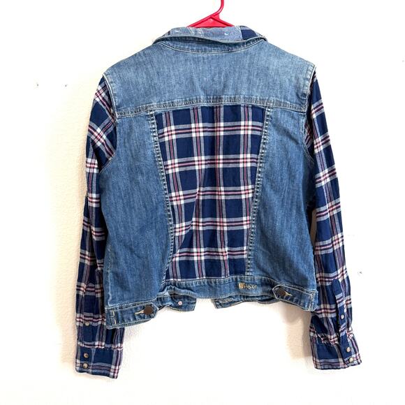 Upcycled Kut From The Kloth Amelia Denim Trucker Jacket w/Flannel Shirt Size XL - Picture 1 of 12